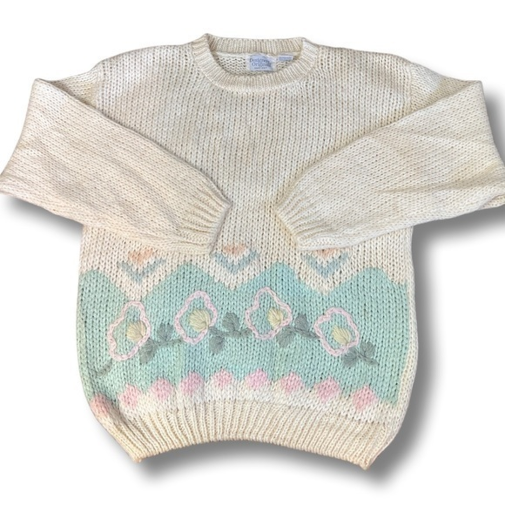 Vintage Sweater‎ Hand Knit Crew Neck Pastel Floral L